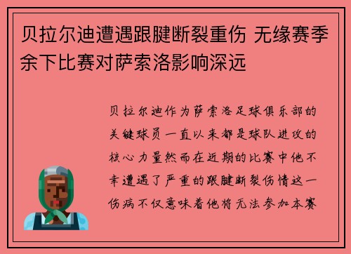贝拉尔迪遭遇跟腱断裂重伤 无缘赛季余下比赛对萨索洛影响深远 贝拉尔迪遭遇跟腱断裂重伤 无缘赛季余下比赛对萨索洛影响深远