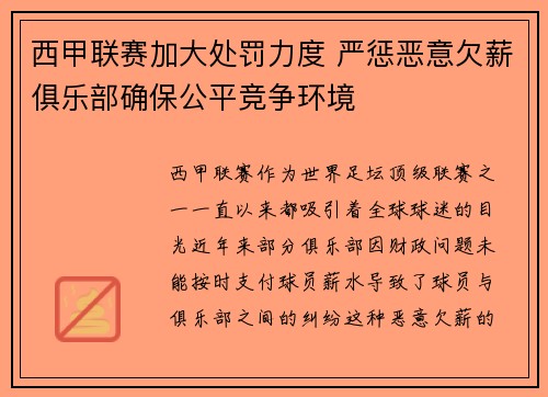 西甲联赛加大处罚力度 严惩恶意欠薪俱乐部确保公平竞争环境 西甲联赛加大处罚力度 严惩恶意欠薪俱乐部确保公平竞争环境